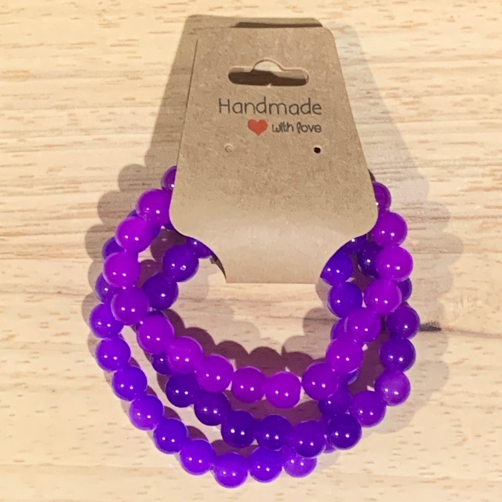 Handmade Beaded Bracelet Women OS Purple 3pc Stretch Stackable Boho Jewelry